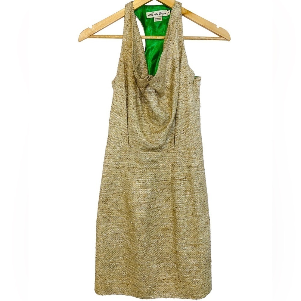 Anthropologie Hunter Dixon Metallic Gold Cowl Neck Racerback Tweed Dress Size 0